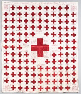 Red Cross "Honor Roll" Fund-raising Quilt, McCool Junction, Nebraska, c. 1917, designed as a central red cross surrounded by stitched l
