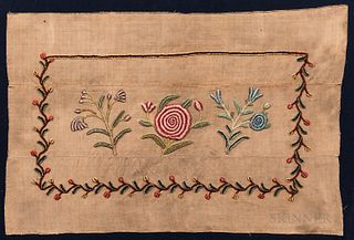 Chenille Embroidered Rug of Floral Sprays and Meandering Vine Border, America, c. 1870, 24 x 32 in., mounted.