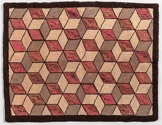 Hooked Rug with Repeating Diamond Design, America, c. 1900, the diamonds in cream, light gray-brown, and mottled red, together suggesti