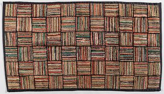Hooked Rug with Geometric Design, America, early 20th century, composed of eleven rows of six squares, each with multicolored stripes p