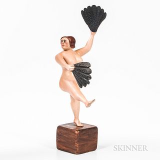 Carved and Painted Wood Figure of a Dancer, Richard Orcutt, c. 1980, her outstretched arms ending in feather fans, she stands atop a sq