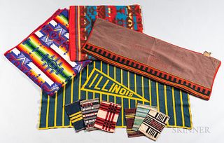 Four Beacon Blankets and Five Beacon Blanket Samplers, mid-20th century, including one with "Illinois" within a central pennant, and an