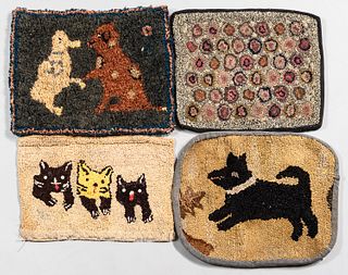 Four Small Hooked Rugs, America, c. 1900, depicting three cats on a cream ground, 12 x 18; two dogs shaking paws, 14 1/2 x 19; a black