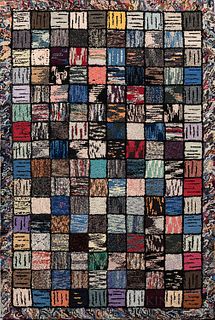 Modernist Hooked Rug with Grid Design, America, c. 1940, with multicolored border and grid of colorful varied squares, 50 x 34 in.