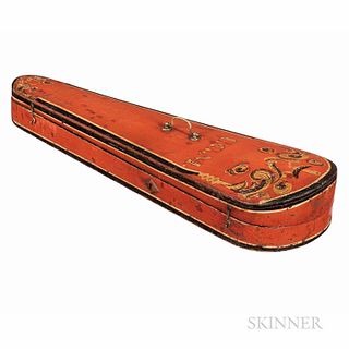 American Paint-decorated Violin Case, 19th Century, the design of black and gold over a red ground with green pinstripe details, the li