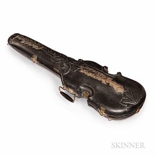 Carved Violin Case, c. 1880, the carved foliate exterior with brass appliqu?, the lock stamped PAT. OCT. 71, ht. 5, wd. 32, dp. 9 in.Pr