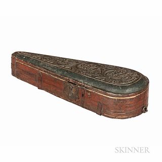 Scandinavian Violin or Hardanger Fiddle Case, 17th Century, the green-painted carved foliate lid, the red-painted exterior, the ornamen