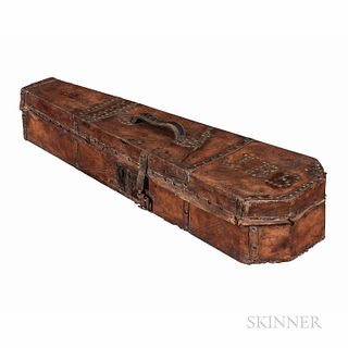 American Leather-bound Coffin Violin Case, the tooled and tack-decorated exterior, the lid monogrammed J.B.S., the unlined interior, ht