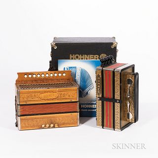 Two Hohner One-row Diatonic Button Accordions, Presswood, and HA-114, with case and instruction manual.
