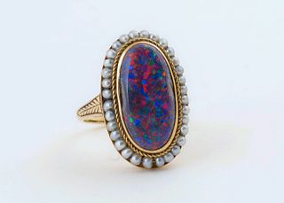 Victorian Black Opal and Seed Pearl Gold Ring