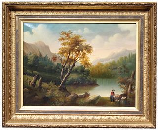 19th C. Hudson River School Landscape with Figure