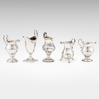 English, collection of five cream pitchers