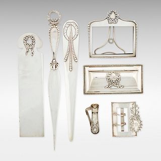 George W. Shiebler & Co., collection of five wreath desk accessories and two objects