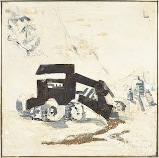 Rene Brochard (Canadian, b. 1926), oil on canvas with metal appliqués, titled le bulldozer de Rio