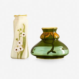 Roseville Pottery and Avon Pottery, twisting Woodland vase and vase with trees