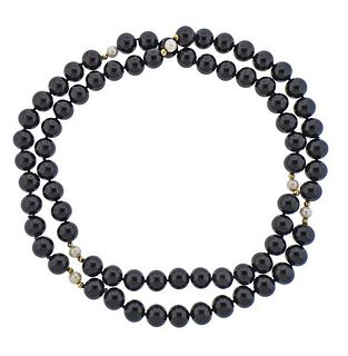 14K Gold Onyx Pearl Bead Necklace