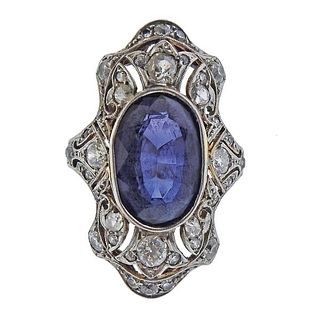 Art Deco 18k Gold Platinum Diamond Blue Stone Ring 