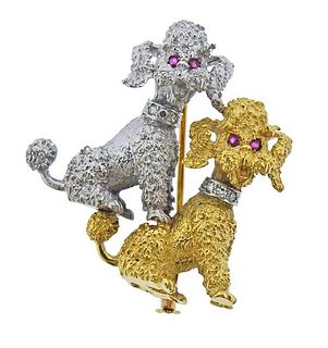 18k Gold Diamond Ruby Poodle Dog Brooch Pin