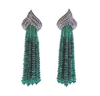 18k Gold Emerald Bead Diamond Tassel Earrings 