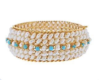 14k Gold Pearl Turquoise Bangle Bracelet