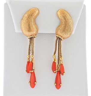 Mid Century 14k Gold Coral Tassel Drop Earrings