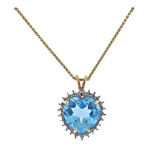 14k Gold Diamond Blue Topaz Pendant Necklace