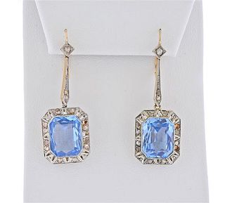 Art Deco 18k Gold Diamond Blue Stone Drop Earrings