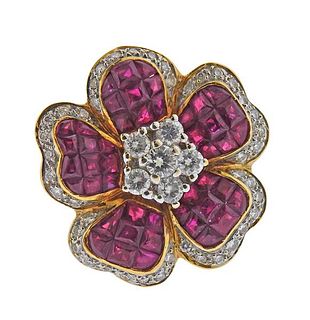 18K Gold Diamond Ruby Flower Ring