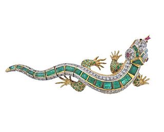 18k Gold Diamond Emerald Ruby Lizard Large Brooch Pin