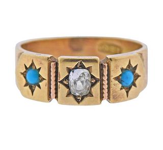 Antique Victorian 15k Gold Diamond Turquoise Ring 