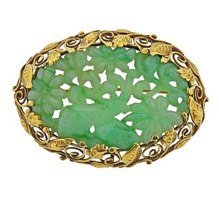 Antique 14K Gold Carved Jade Brooch Pin