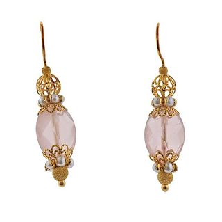 18K Gold Pearl Rose Quartz Earrings
