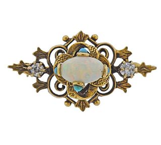 Antique 14K Gold Diamond Opal Brooch Pin