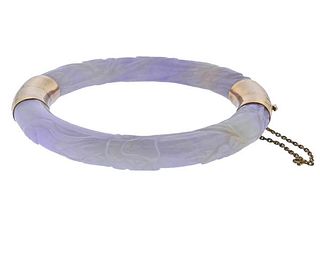 14k Gold Carved Lavender Jade Bangle Bracelet 