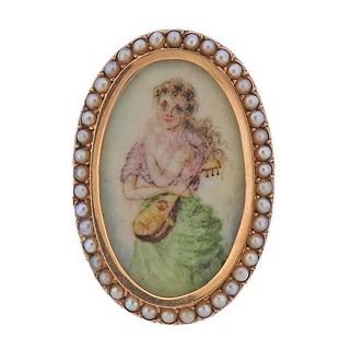 Antique 14k Gold Seed Pearl Miniature Portrait Brooch 