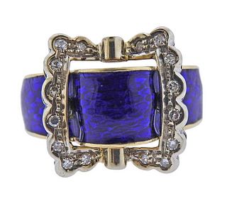 Antique 14k Gold Blue Enamel Diamond Buckle Ring 