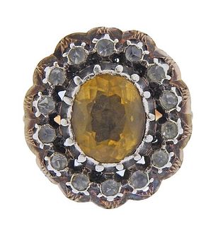 18k Gold Silver Yellow Stone Ring 