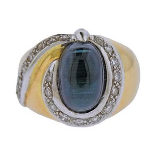 18k Gold Cat&#39;s Eye Gemstone Diamond Ring 