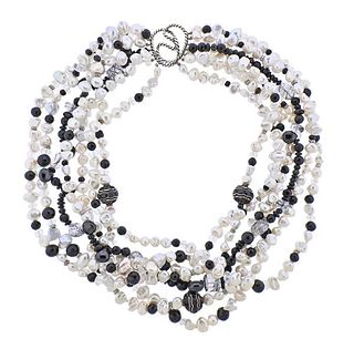 David Yurman Silver Onyx Pearl Rutilated Quartz Multi Strand Necklace 