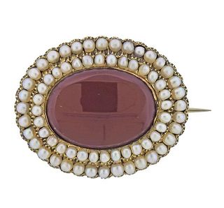 Antique Victorian 14K Gold Coral Pearl Brooch Pin