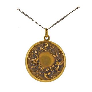 Antique Gold Repousse Locket Pendant Necklace 