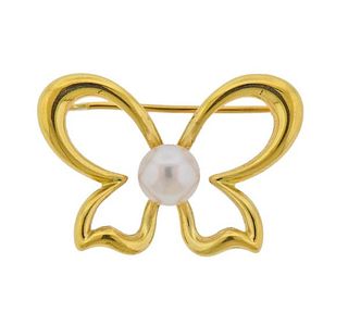 Mikimoto 18K Gold Pearl Bow Brooch Pin
