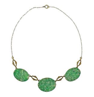 Art Deco 14K Gold Carved Jade Necklace