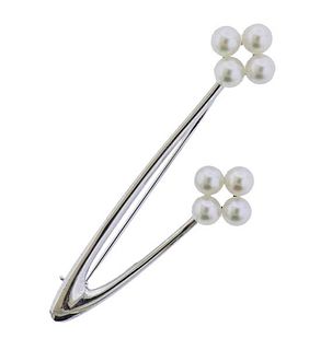 Mikimoto Silver Pearl Flower Brooch Pin