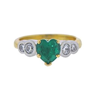 18K Gold Platinum Diamond Heart Emerald Ring