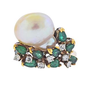 18K Gold Diamond Emerald Baroque Pearl Ring