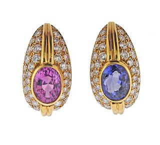 18K Gold Diamond Pink Blue Sapphire Earrings