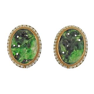 14K Gold Carved Jade Pearl Earrings 