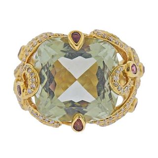 14K Gold Diamond Green Beryl Tourmaline Dome Ring