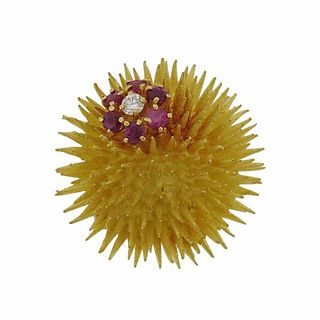Tiffany &amp; Co 18k Gold Ruby Diamond Sea Urchin Brooch Pin